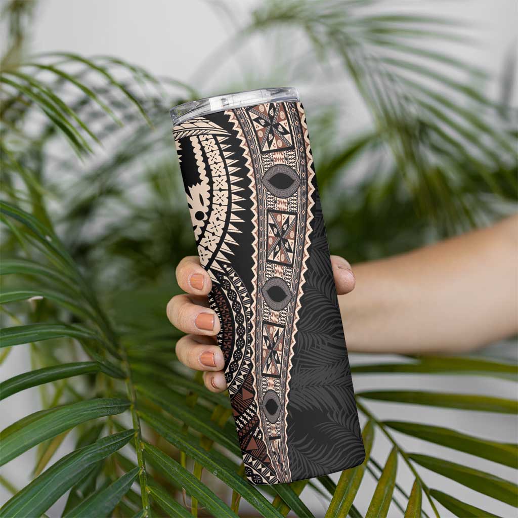 Fiji Traditional Masi Skinny Tumbler Tapa Art Palm Leaves Pattern