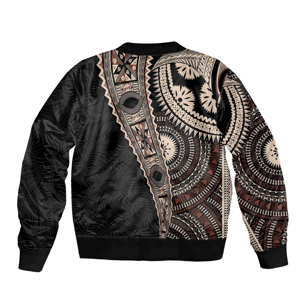 Fiji Traditional Masi Sleeve Zip Bomber Jacket Tapa Art Palm Leaves Pattern