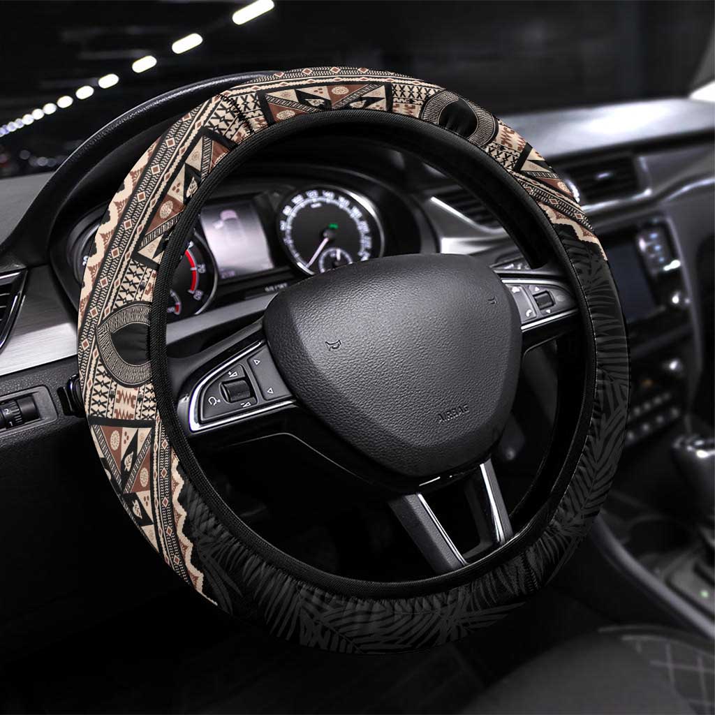 Fiji Traditional Masi Steering Wheel Cover Tapa Art Palm Leaves Pattern