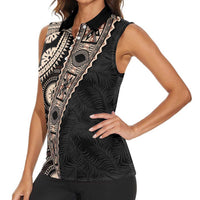 Fiji Traditional Masi Women Sleeveless Polo Shirt Tapa Art Palm Leaves Pattern