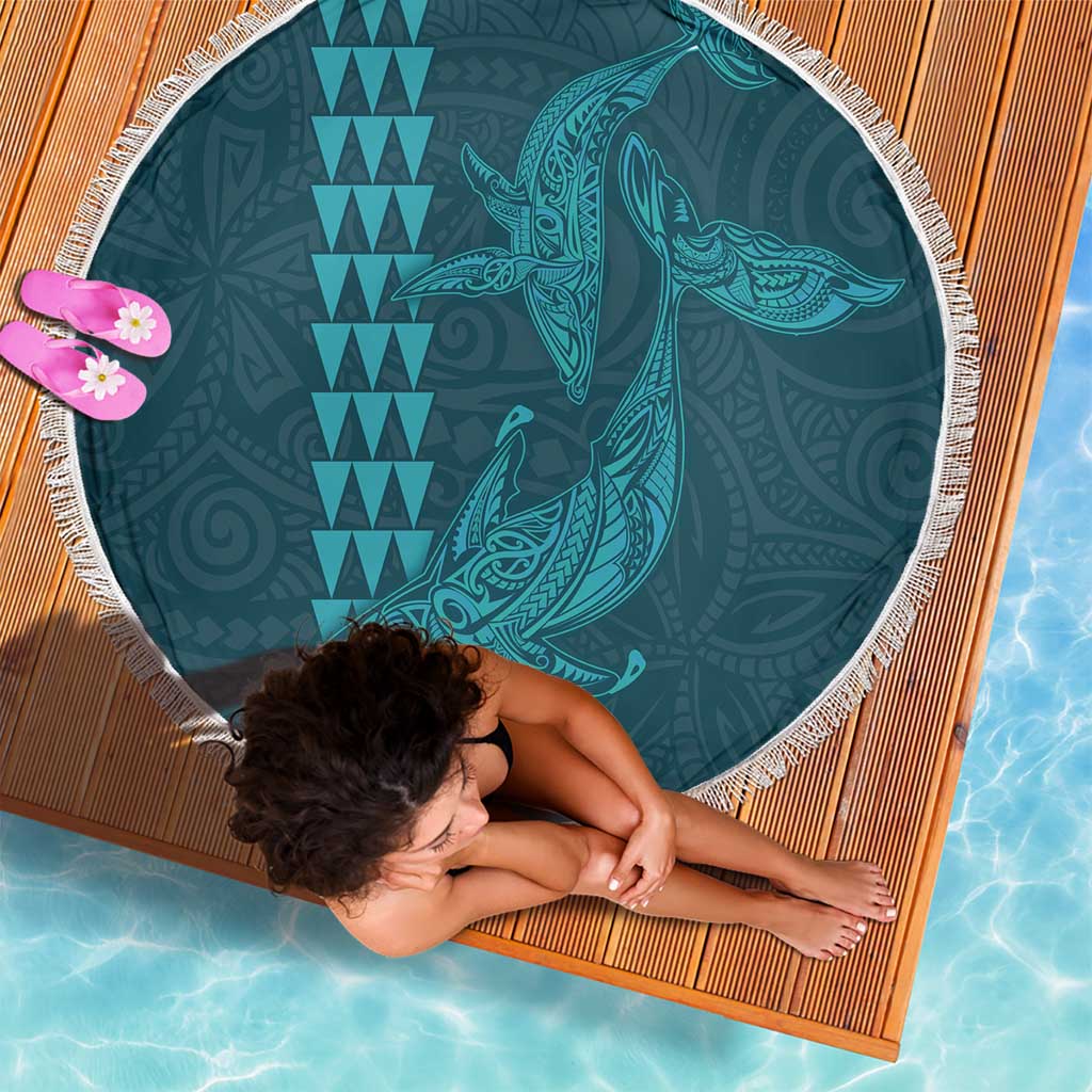 Aloha Hawaii Whale Kakau and Polynesian Tattoo Beach Blanket Turquoise Color