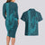 Aloha Hawaii Whale Kakau and Polynesian Tattoo Couples Matching Long Sleeve Bodycon Dress and Hawaiian Shirt Turquoise Color