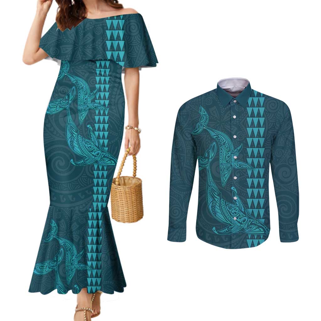 Aloha Hawaii Whale Kakau and Polynesian Tattoo Couples Matching Mermaid Dress and Long Sleeve Button Shirt Turquoise Color