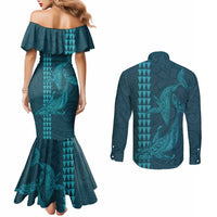Aloha Hawaii Whale Kakau and Polynesian Tattoo Couples Matching Mermaid Dress and Long Sleeve Button Shirt Turquoise Color