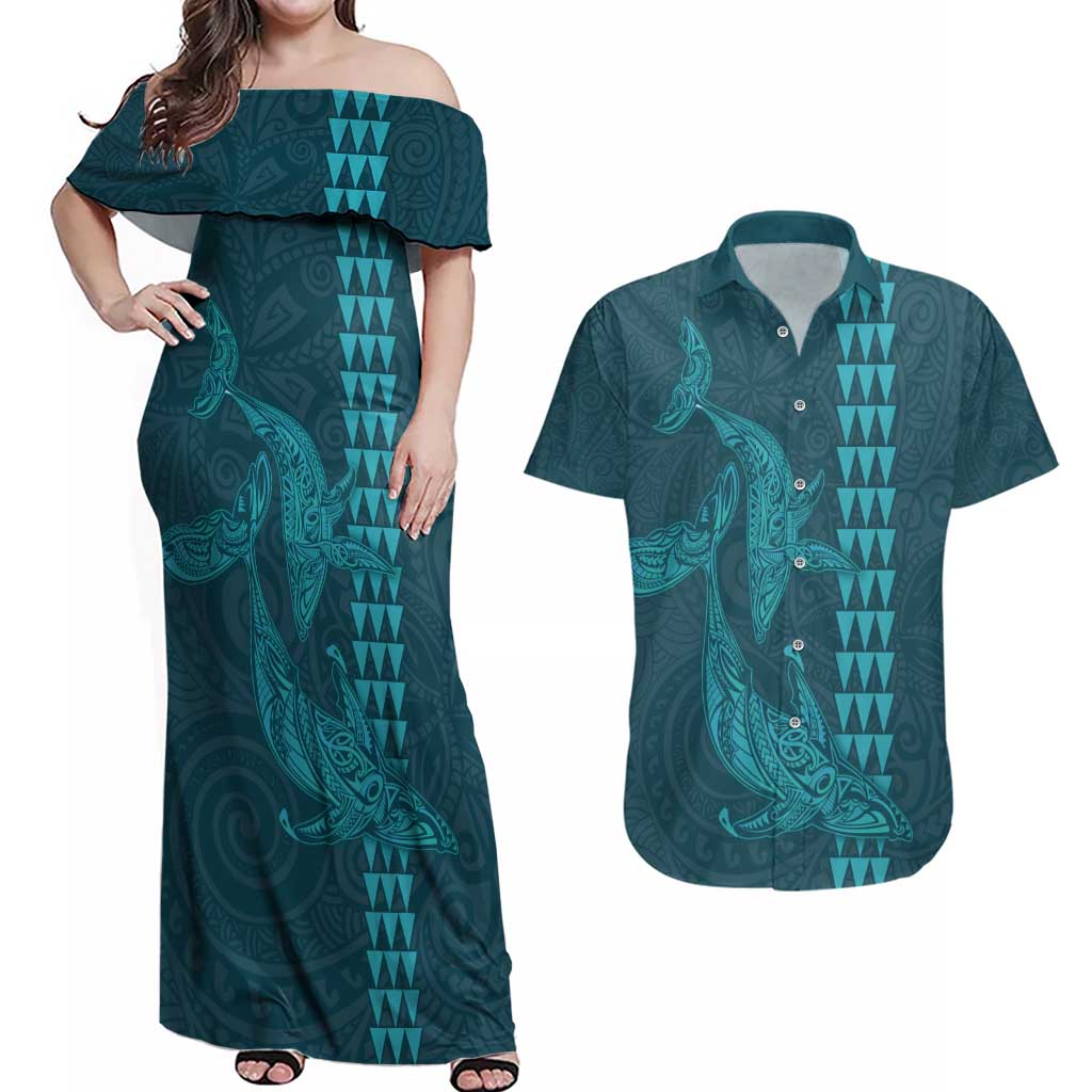 Aloha Hawaii Whale Kakau and Polynesian Tattoo Couples Matching Off Shoulder Maxi Dress and Hawaiian Shirt Turquoise Color