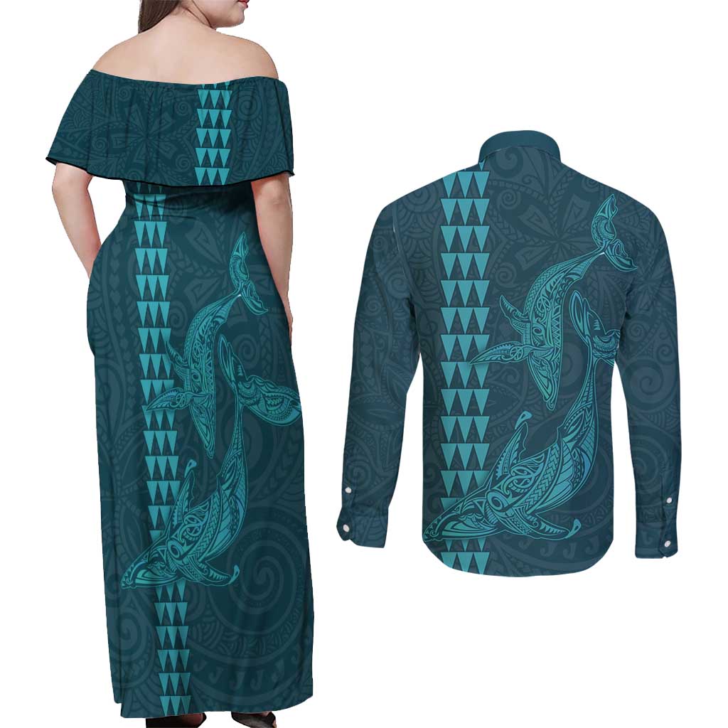 Aloha Hawaii Whale Kakau and Polynesian Tattoo Couples Matching Off Shoulder Maxi Dress and Long Sleeve Button Shirt Turquoise Color LT03 - Polynesian Pride
