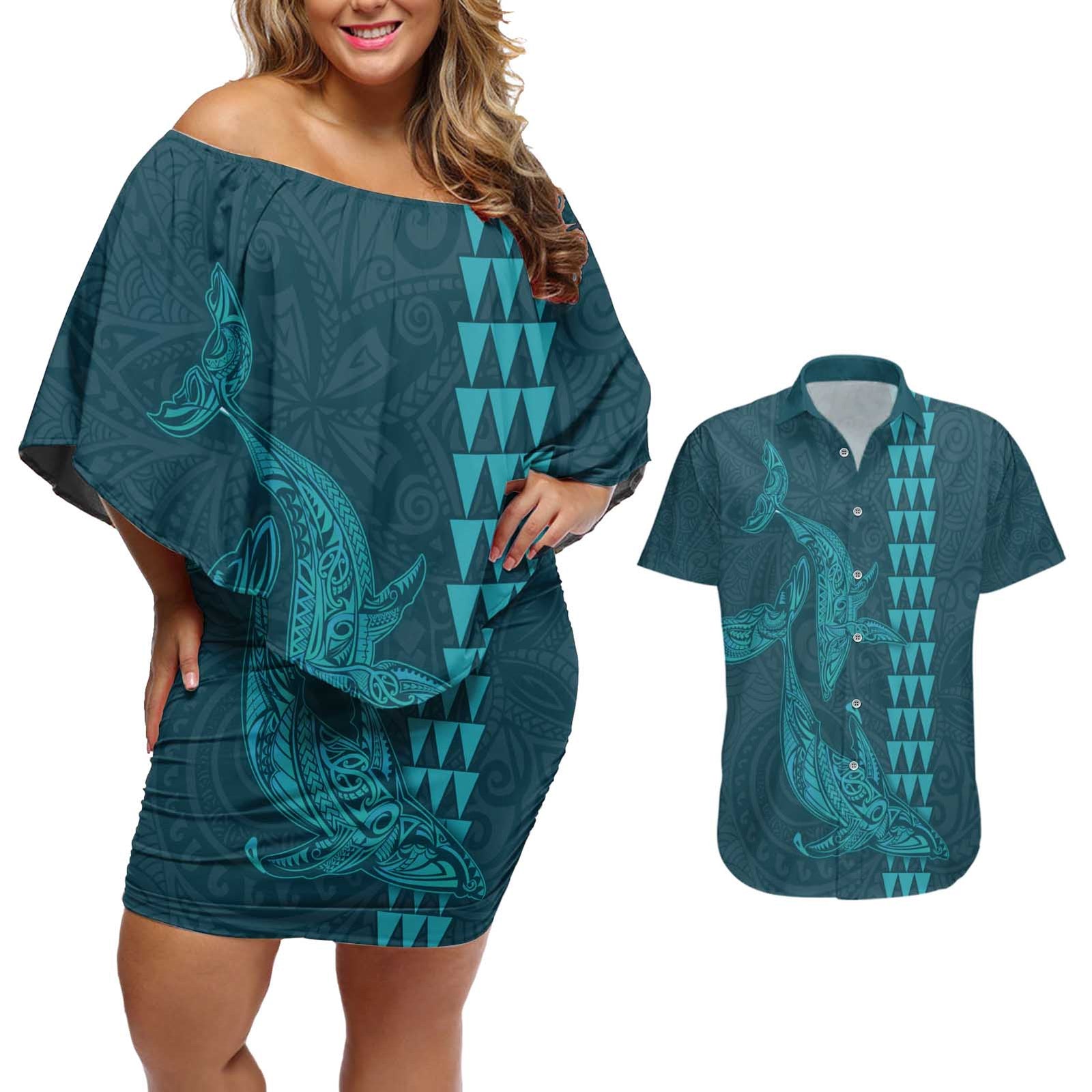 Aloha Hawaii Whale Kakau and Polynesian Tattoo Couples Matching Off Shoulder Short Dress and Hawaiian Shirt Turquoise Color LT03 Turquoise - Polynesian Pride