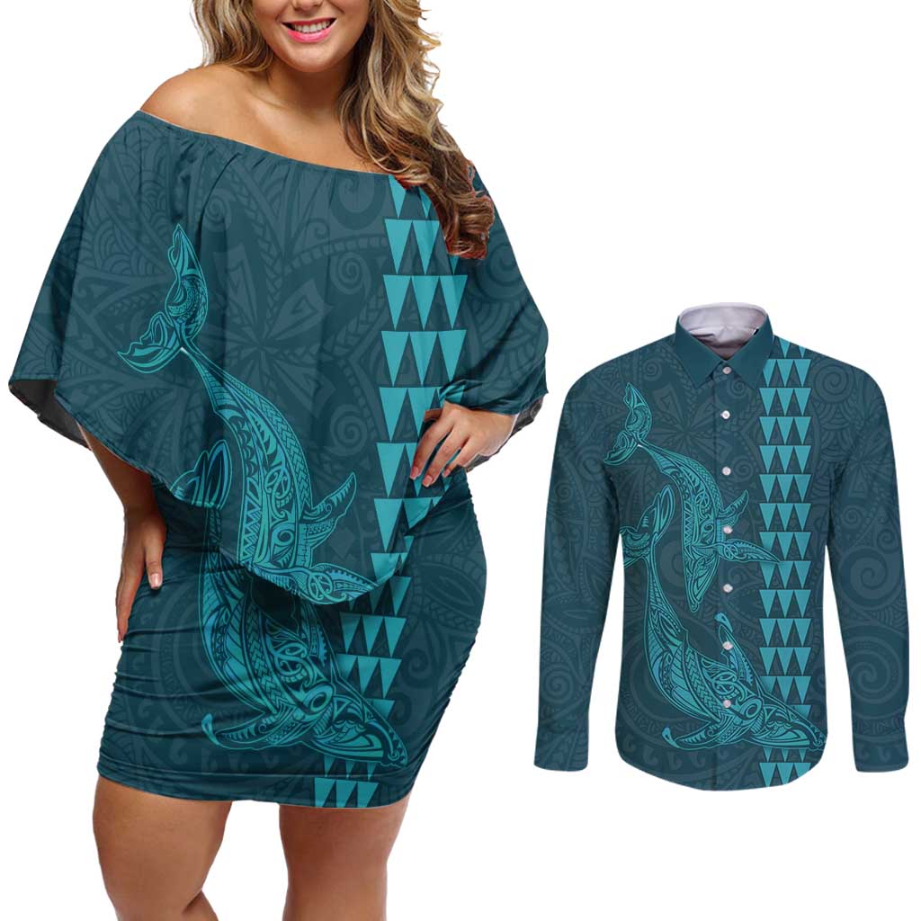 Aloha Hawaii Whale Kakau and Polynesian Tattoo Couples Matching Off Shoulder Short Dress and Long Sleeve Button Shirt Turquoise Color LT03 Turquoise - Polynesian Pride