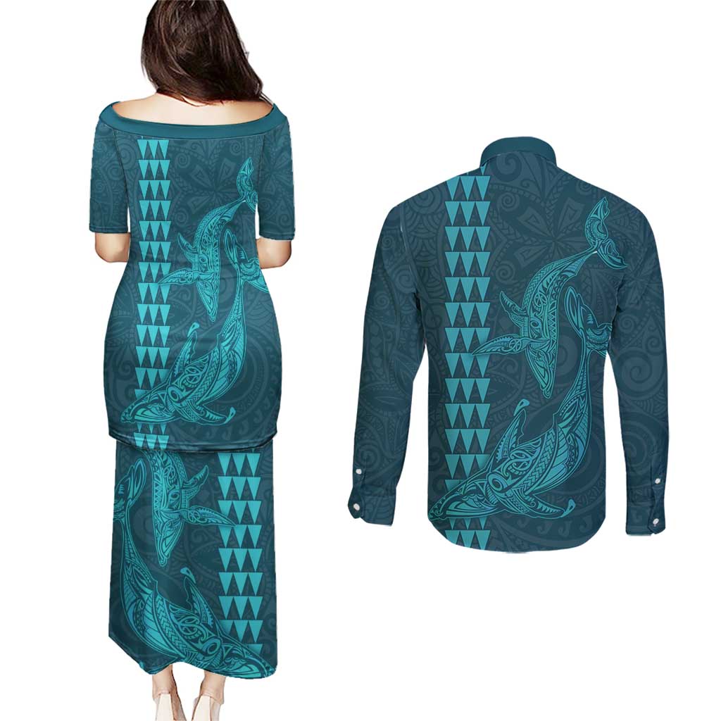 Aloha Hawaii Whale Kakau and Polynesian Tattoo Couples Matching Puletasi and Long Sleeve Button Shirt Turquoise Color