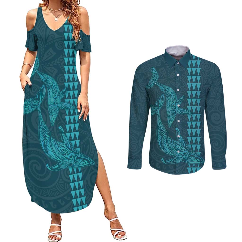Aloha Hawaii Whale Kakau and Polynesian Tattoo Couples Matching Summer Maxi Dress and Long Sleeve Button Shirt Turquoise Color LT03 Turquoise - Polynesian Pride