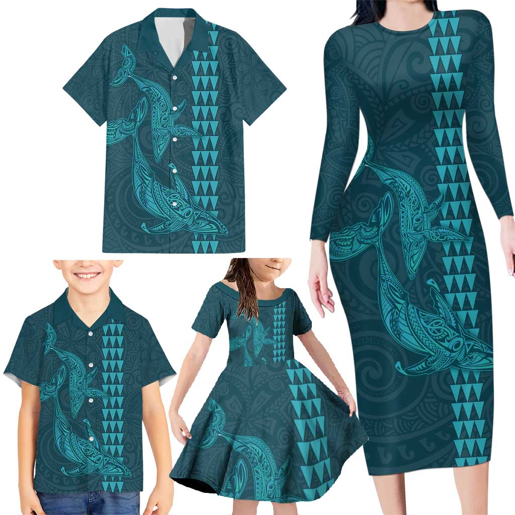 Aloha Hawaii Whale Kakau and Polynesian Tattoo Family Matching Long Sleeve Bodycon Dress and Hawaiian Shirt Turquoise Color