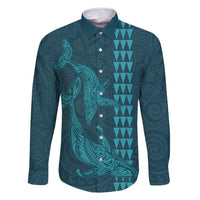Aloha Hawaii Whale Kakau and Polynesian Tattoo Family Matching Long Sleeve Bodycon Dress and Hawaiian Shirt Turquoise Color