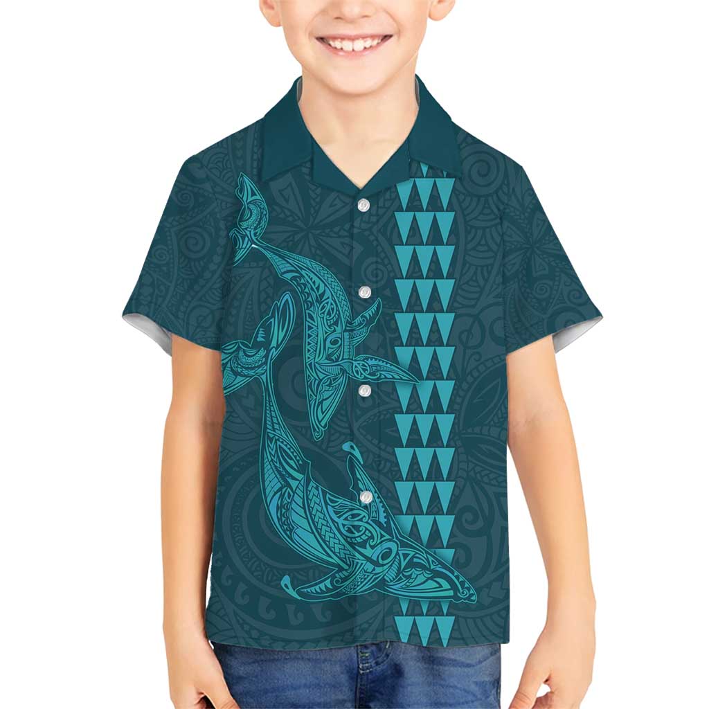 Aloha Hawaii Whale Kakau and Polynesian Tattoo Family Matching Long Sleeve Bodycon Dress and Hawaiian Shirt Turquoise Color