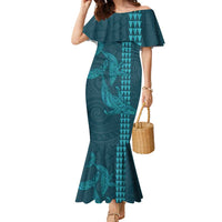 Aloha Hawaii Whale Kakau and Polynesian Tattoo Family Matching Mermaid Dress and Hawaiian Shirt Turquoise Color