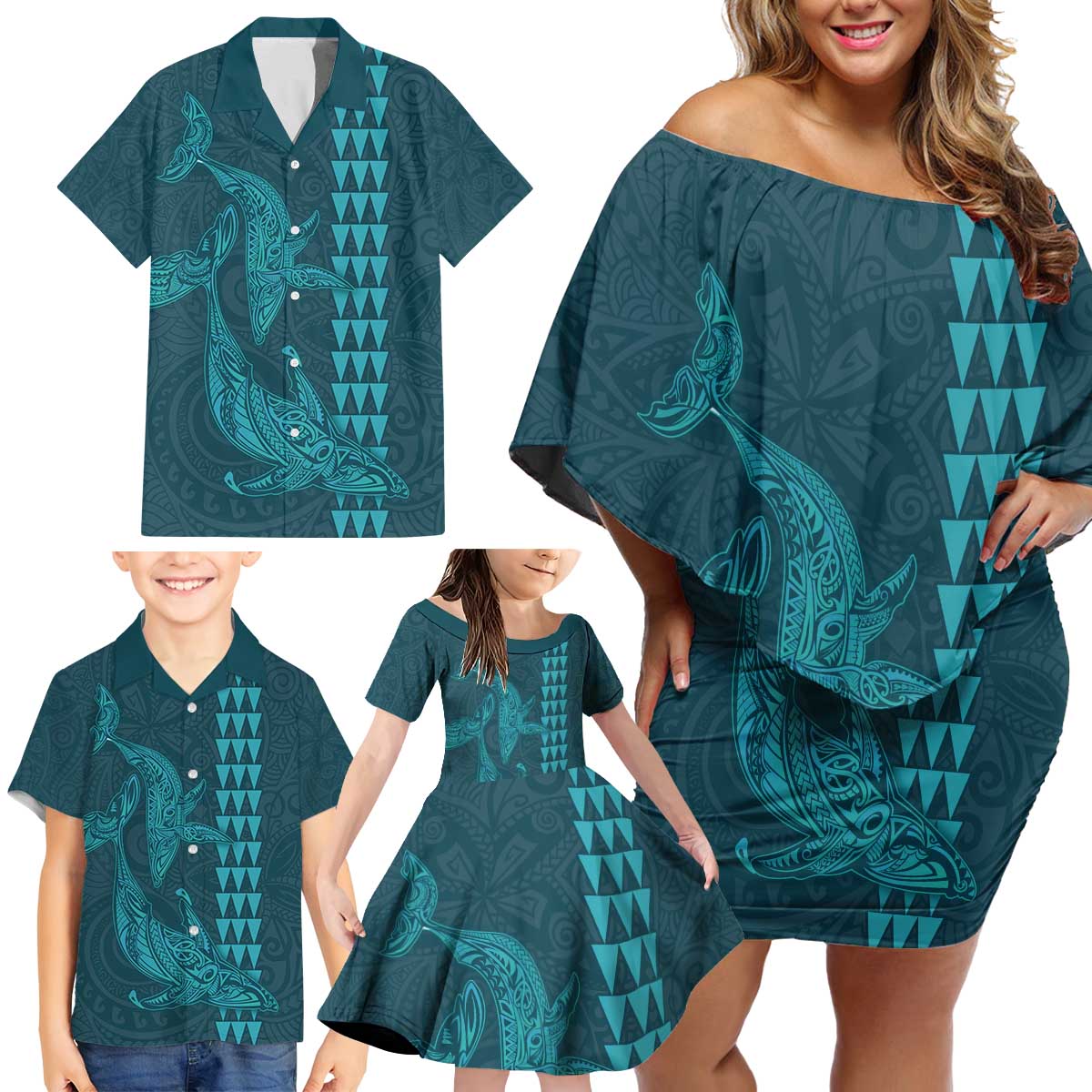 Aloha Hawaii Whale Kakau and Polynesian Tattoo Family Matching Off Shoulder Short Dress and Hawaiian Shirt Turquoise Color