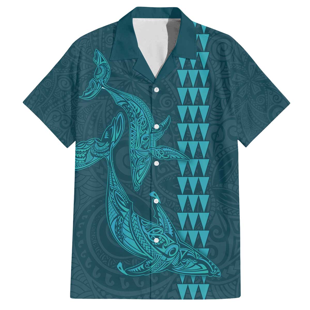 Aloha Hawaii Whale Kakau and Polynesian Tattoo Family Matching Off Shoulder Short Dress and Hawaiian Shirt Turquoise Color
