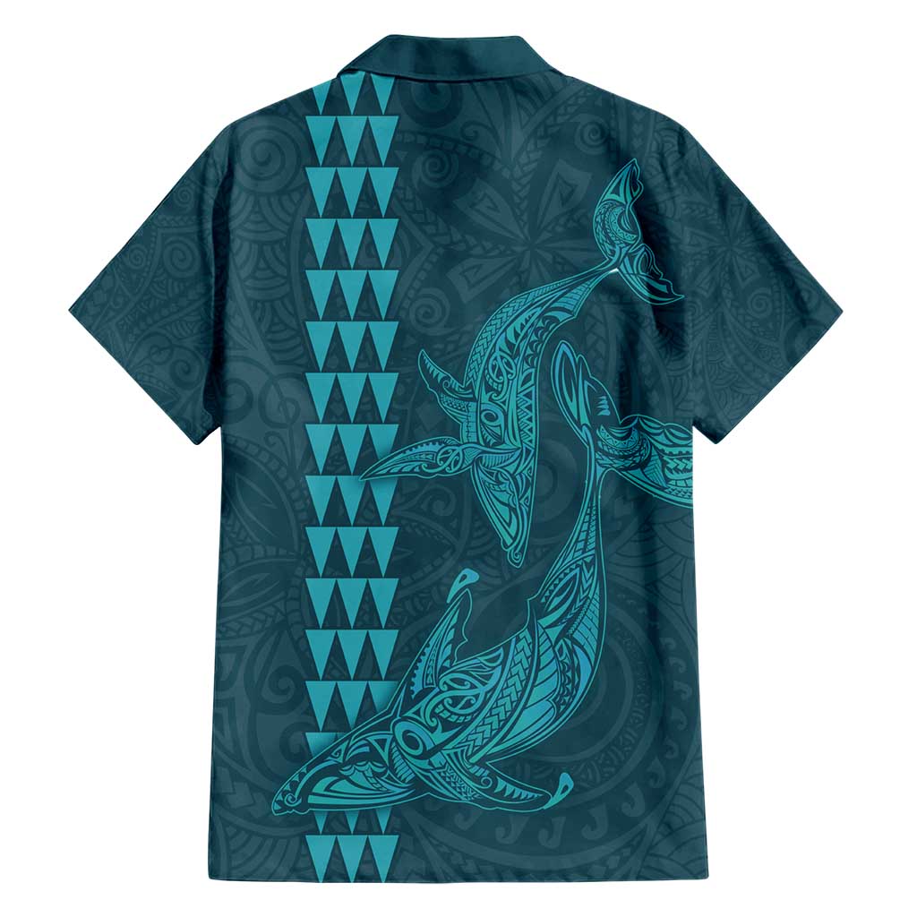 Aloha Hawaii Whale Kakau and Polynesian Tattoo Family Matching Short Sleeve Bodycon Dress and Hawaiian Shirt Turquoise Color