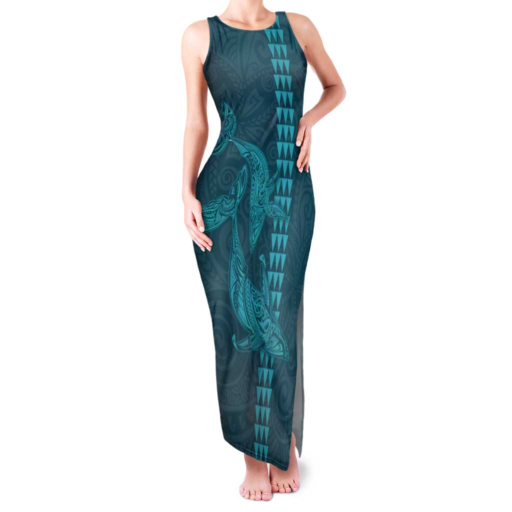 Aloha Hawaii Whale Kakau and Polynesian Tattoo Family Matching Tank Maxi Dress and Hawaiian Shirt Turquoise Color