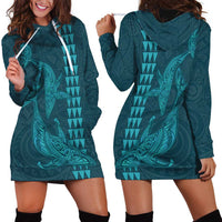 Aloha Hawaii Whale Kakau and Polynesian Tattoo Hoodie Dress Turquoise Color