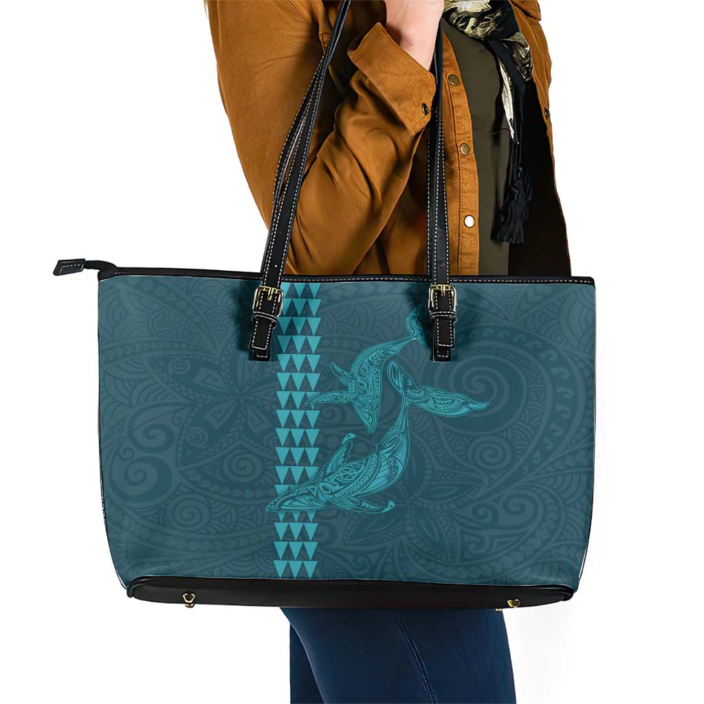 Aloha Hawaii Whale Kakau and Polynesian Tattoo Leather Tote Bag Turquoise Color LT03 - Polynesian Pride