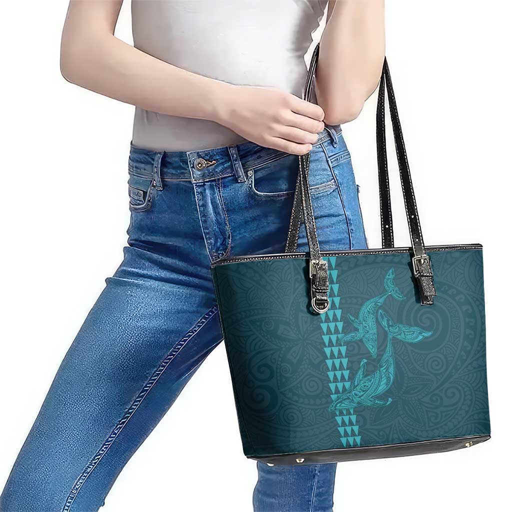 Aloha Hawaii Whale Kakau and Polynesian Tattoo Leather Tote Bag Turquoise Color LT03 - Polynesian Pride