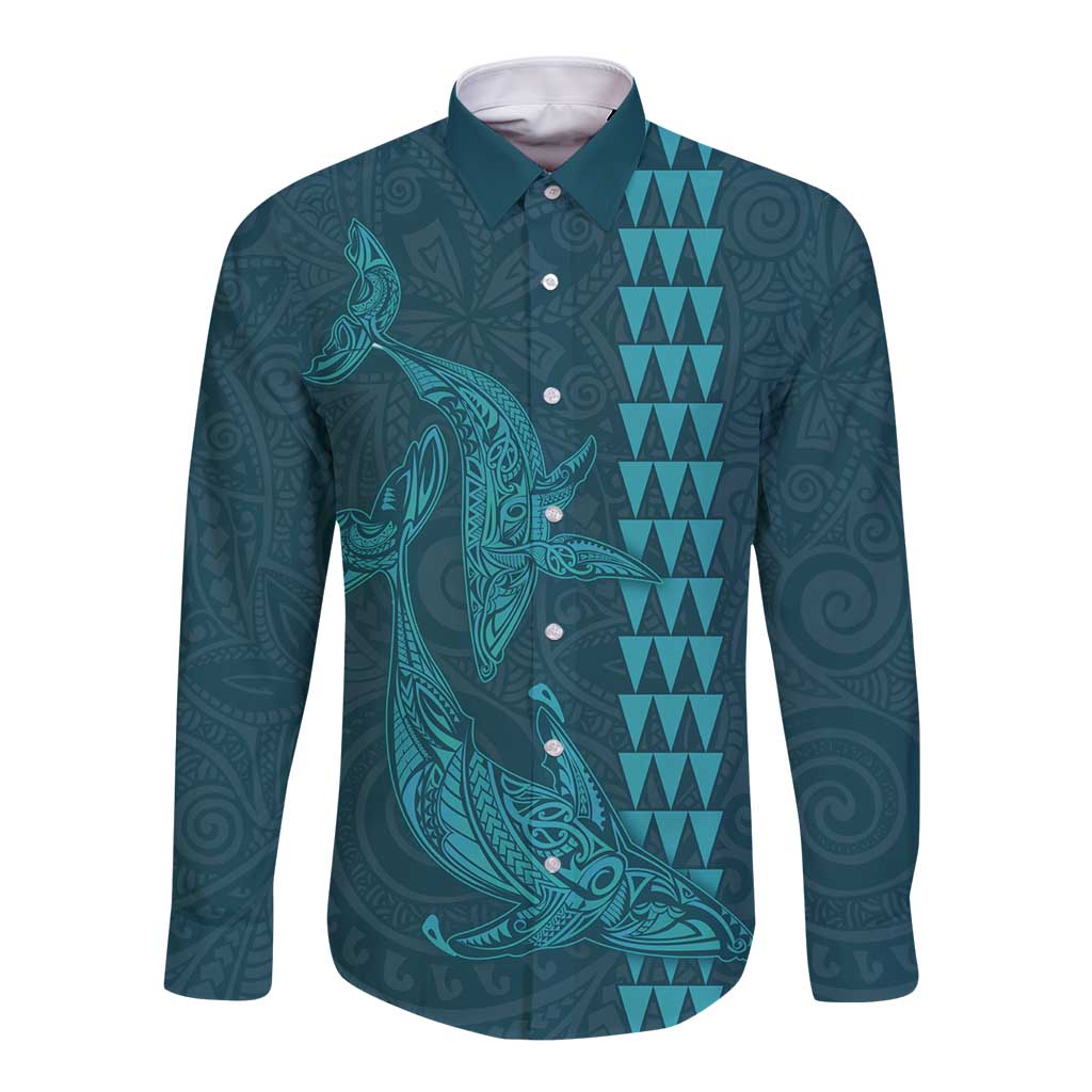 Aloha Hawaii Whale Kakau and Polynesian Tattoo Long Sleeve Button Shirt Turquoise Color