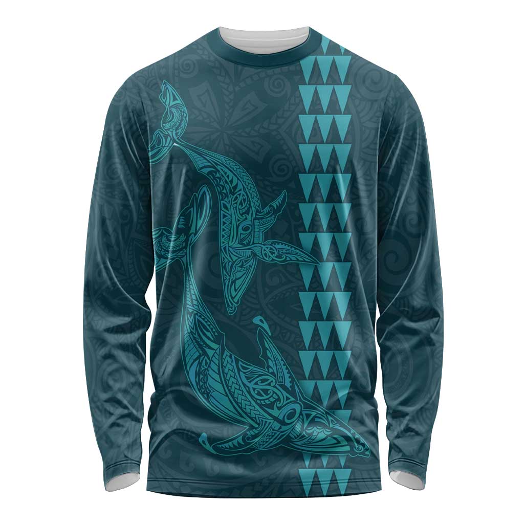 Aloha Hawaii Whale Kakau and Polynesian Tattoo Long Sleeve Shirt Turquoise Color