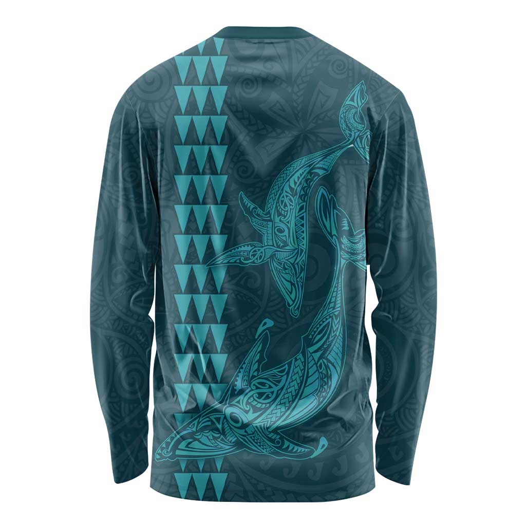 Aloha Hawaii Whale Kakau and Polynesian Tattoo Long Sleeve Shirt Turquoise Color
