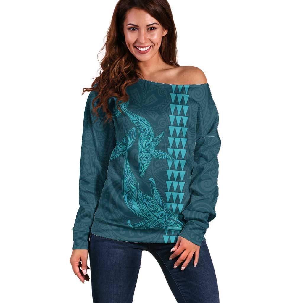 Aloha Hawaii Whale Kakau and Polynesian Tattoo Off Shoulder Sweater Turquoise Color