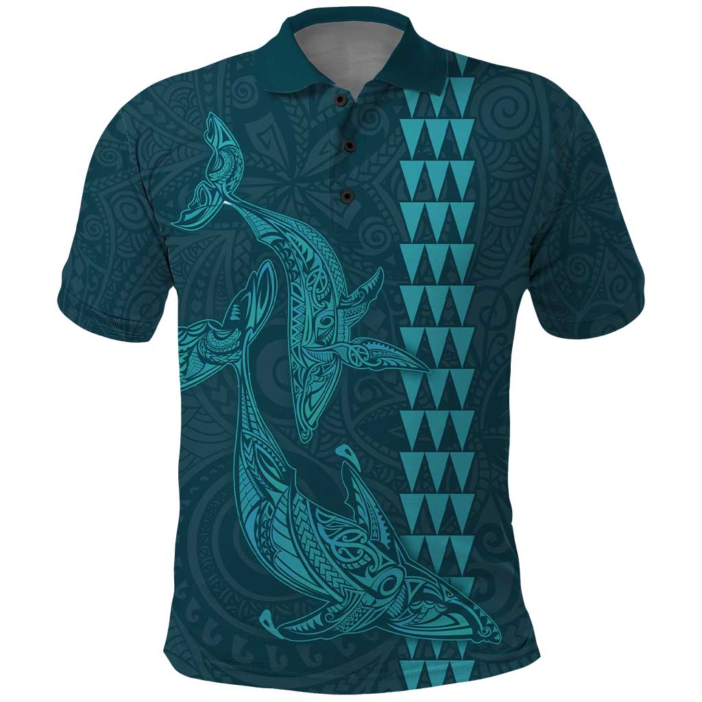 Aloha Hawaii Whale Kakau and Polynesian Tattoo Polo Shirt Turquoise Color