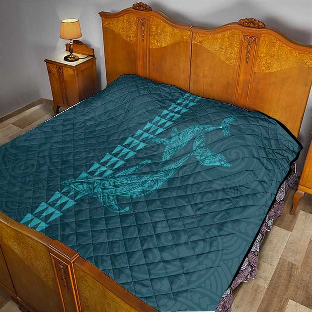 Aloha Hawaii Whale Kakau and Polynesian Tattoo Quilt Turquoise Color