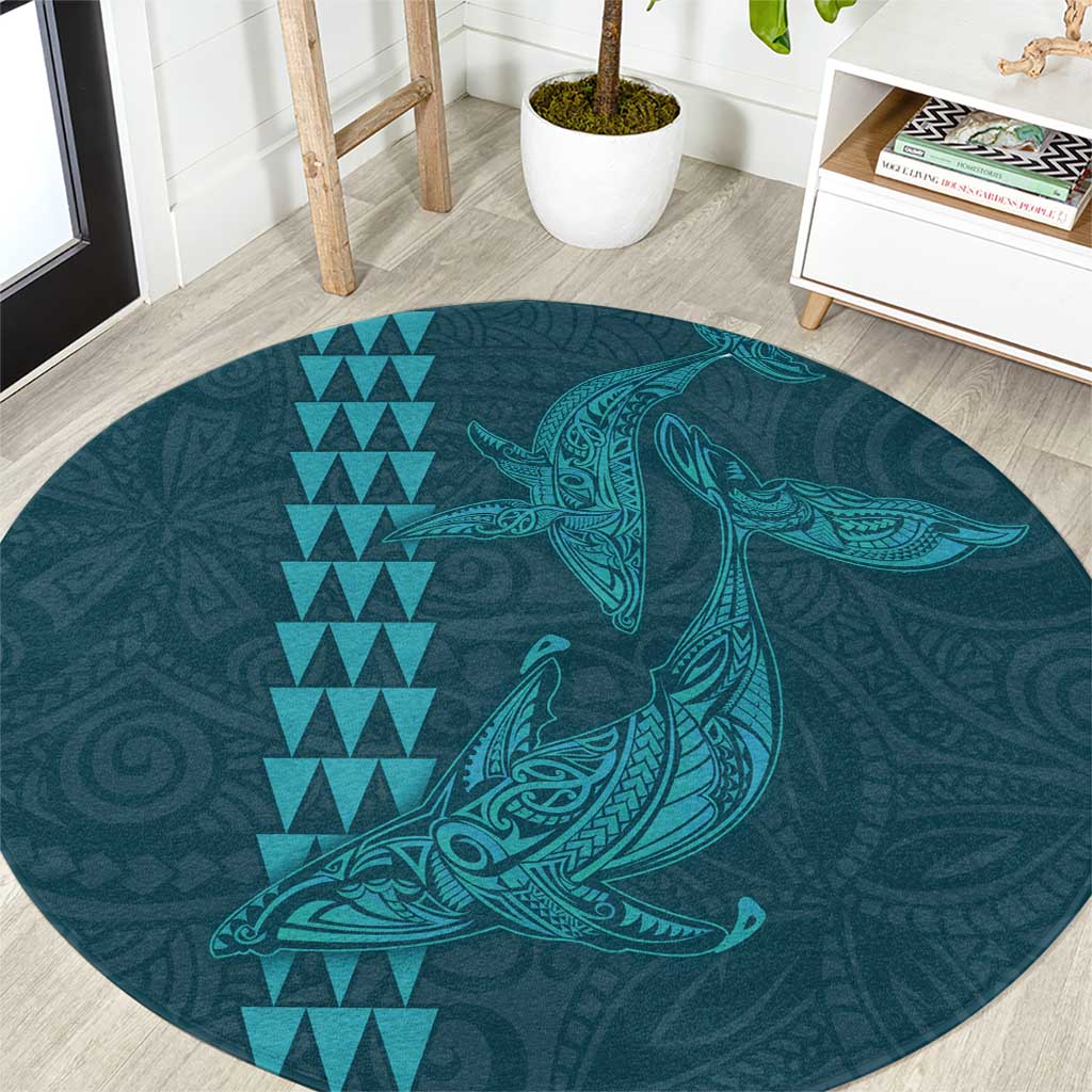 Aloha Hawaii Whale Kakau and Polynesian Tattoo Round Carpet Turquoise Color