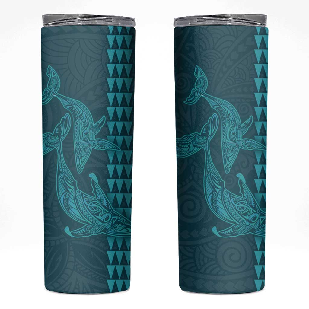 Aloha Hawaii Whale Kakau and Polynesian Tattoo Skinny Tumbler Turquoise Color