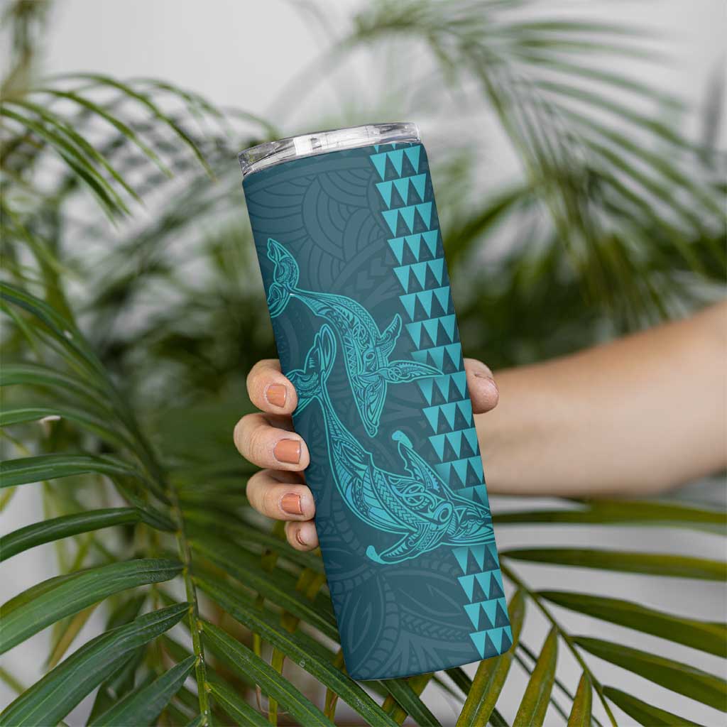 Aloha Hawaii Whale Kakau and Polynesian Tattoo Skinny Tumbler Turquoise Color