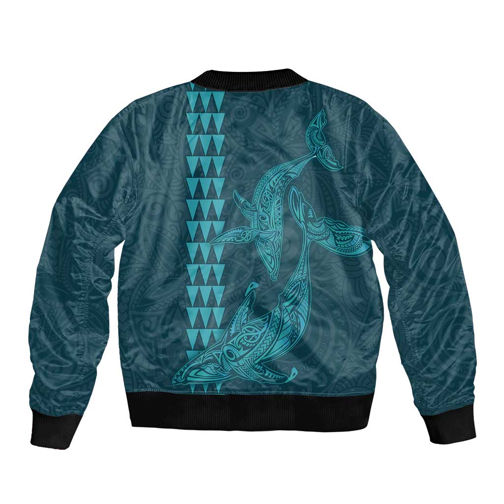 Aloha Hawaii Whale Kakau and Polynesian Tattoo Sleeve Zip Bomber Jacket Turquoise Color