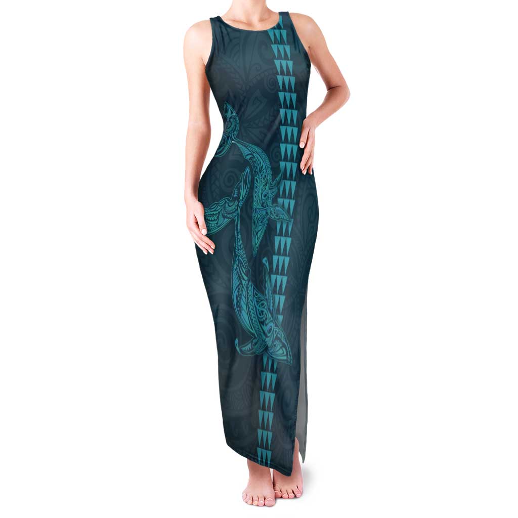 Aloha Hawaii Whale Kakau and Polynesian Tattoo Tank Maxi Dress Turquoise Color