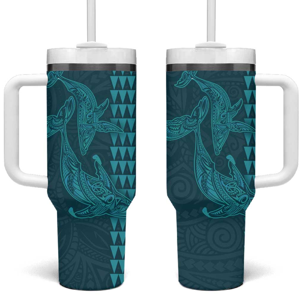 Aloha Hawaii Whale Kakau and Polynesian Tattoo Tumbler With Handle Turquoise Color