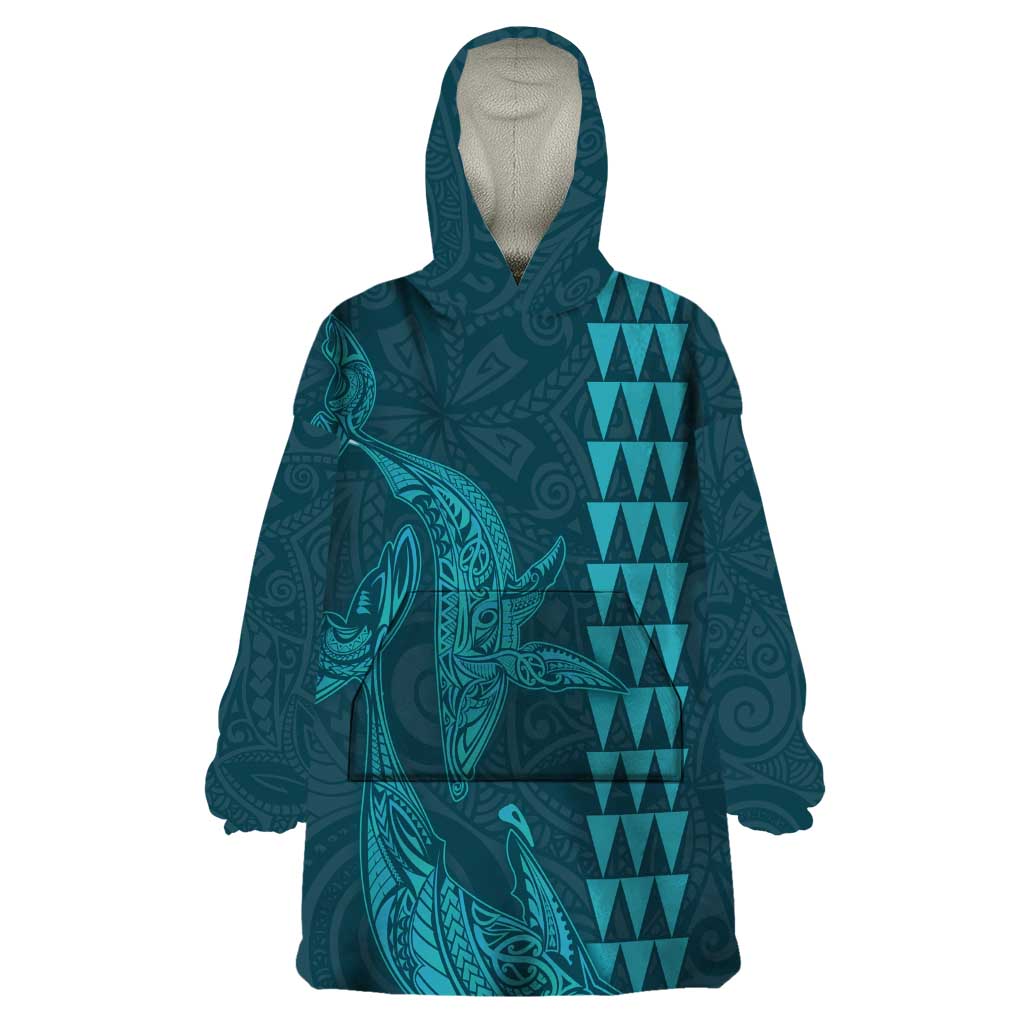 Aloha Hawaii Whale Kakau and Polynesian Tattoo Wearable Blanket Hoodie Turquoise Color