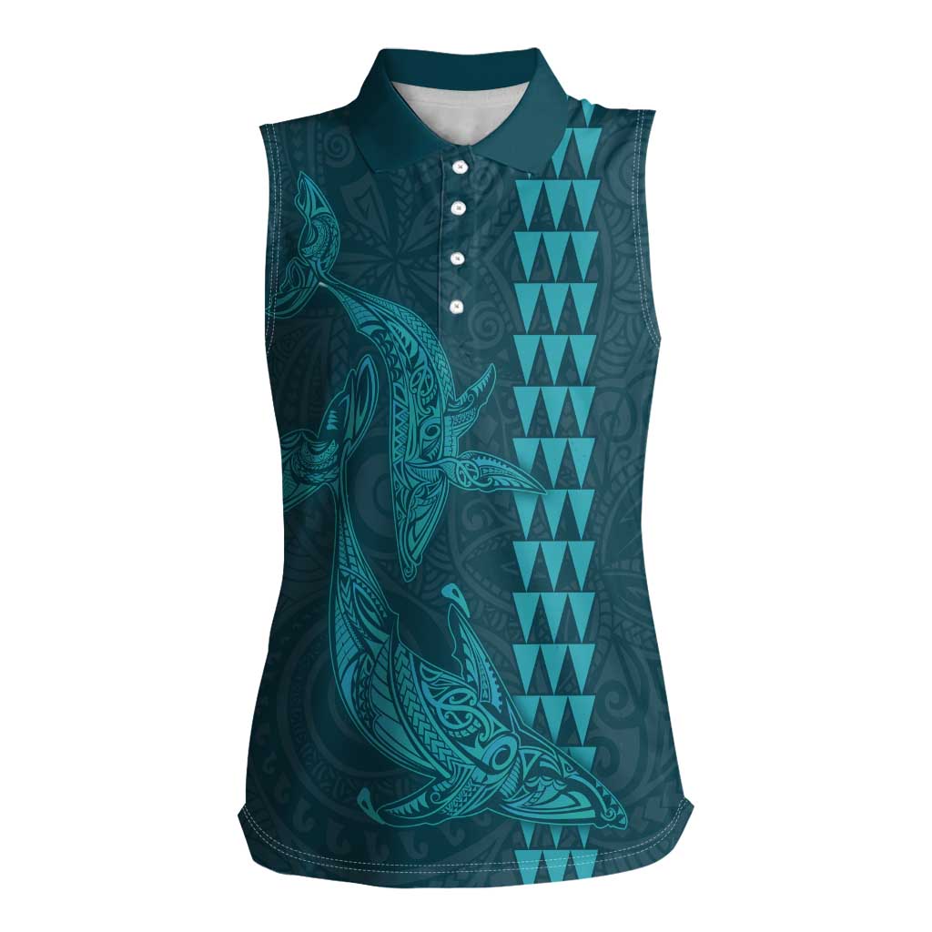 Aloha Hawaii Whale Kakau and Polynesian Tattoo Women Sleeveless Polo Shirt Turquoise Color