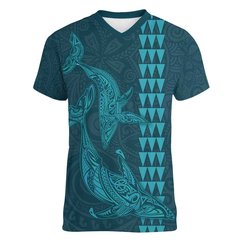 Aloha Hawaii Whale Kakau and Polynesian Tattoo Women V-Neck T-Shirt Turquoise Color