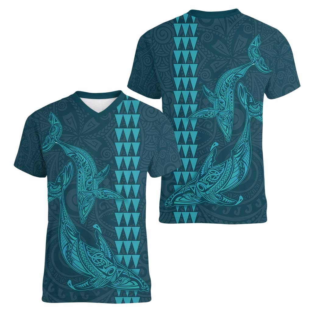Aloha Hawaii Whale Kakau and Polynesian Tattoo Women V-Neck T-Shirt Turquoise Color