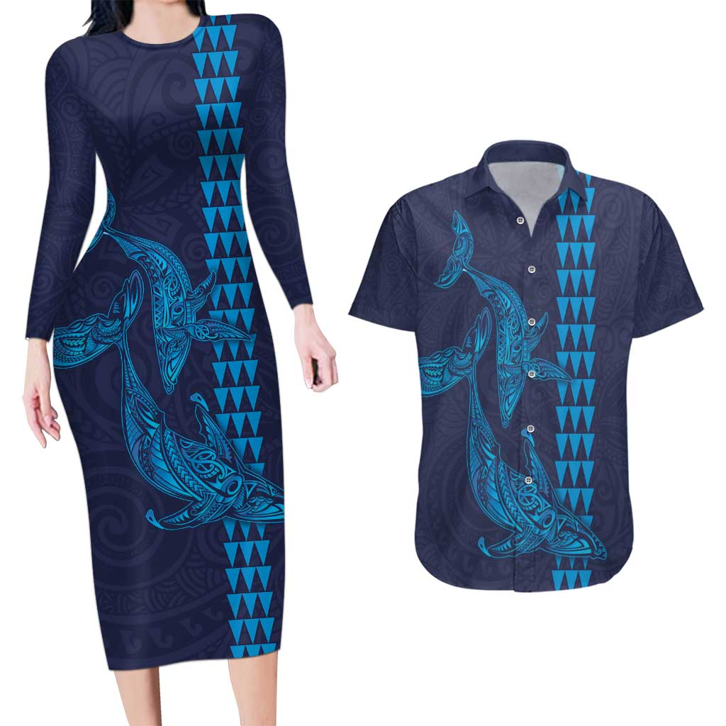 Aloha Hawaii Whale Kakau and Polynesian Tattoo Couples Matching Long Sleeve Bodycon Dress and Hawaiian Shirt Dark Navy Color