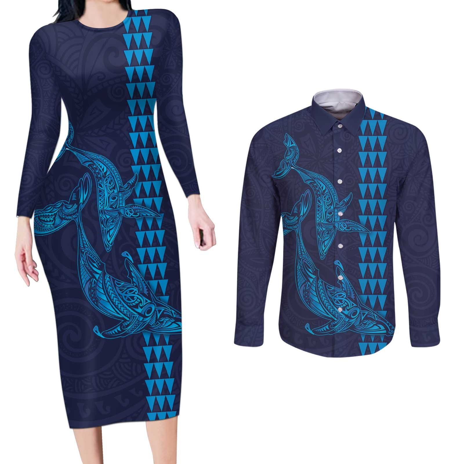 Aloha Hawaii Whale Kakau and Polynesian Tattoo Couples Matching Long Sleeve Bodycon Dress and Long Sleeve Button Shirt Dark Navy Color LT03 Dark Navy - Polynesian Pride