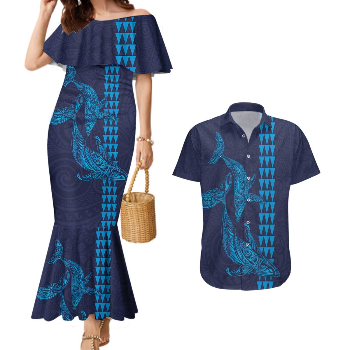 Aloha Hawaii Whale Kakau and Polynesian Tattoo Couples Matching Mermaid Dress and Hawaiian Shirt Dark Navy Color