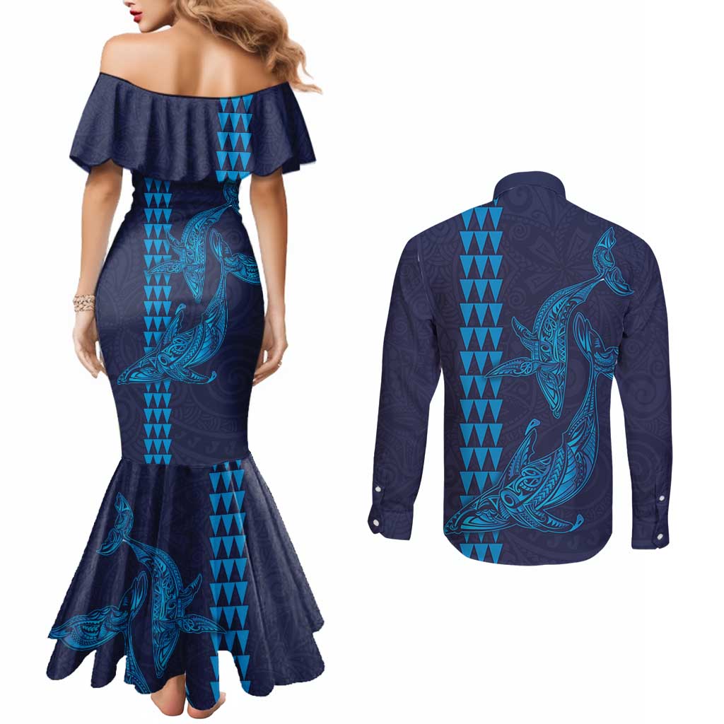 Aloha Hawaii Whale Kakau and Polynesian Tattoo Couples Matching Mermaid Dress and Long Sleeve Button Shirt Dark Navy Color