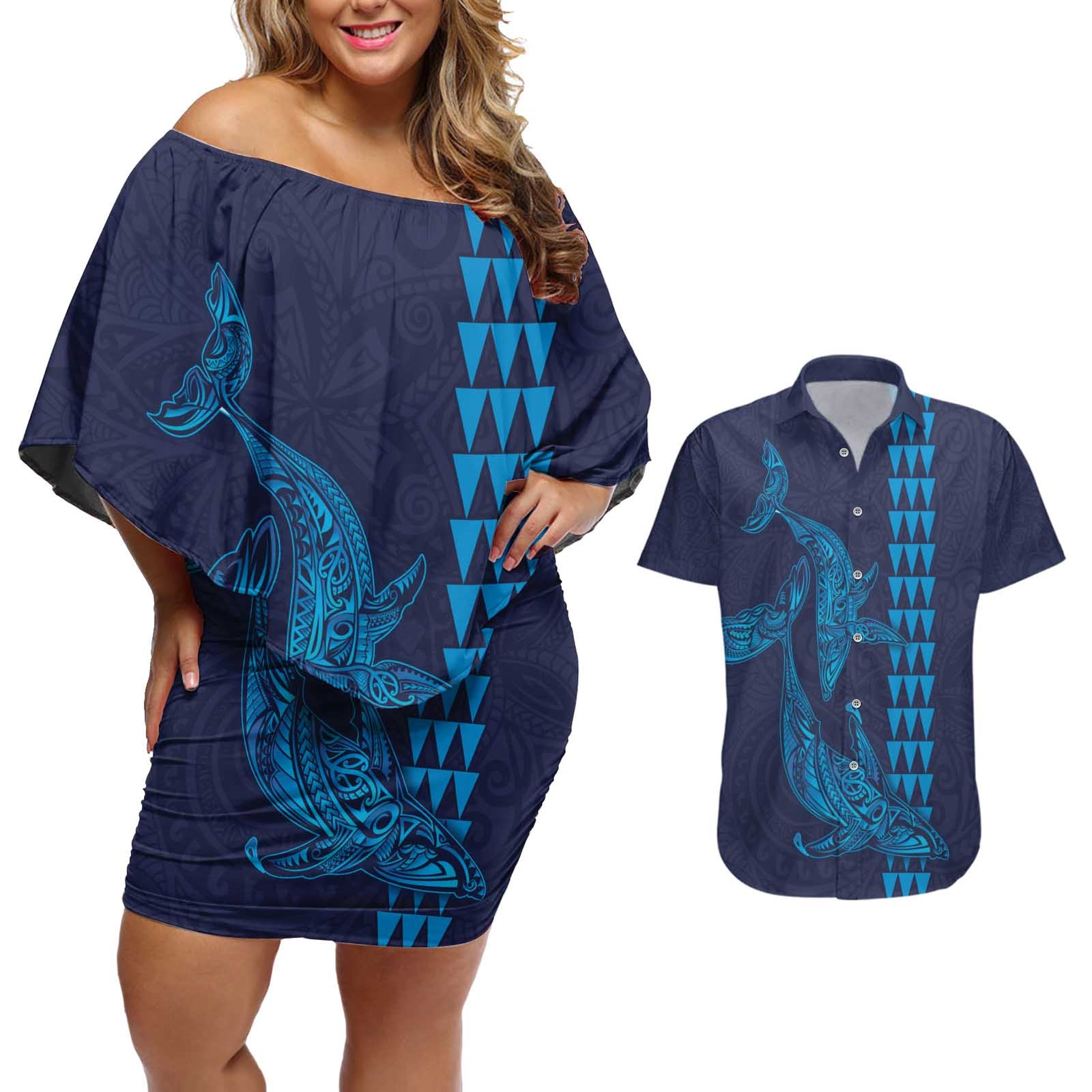 Aloha Hawaii Whale Kakau and Polynesian Tattoo Couples Matching Off Shoulder Short Dress and Hawaiian Shirt Dark Navy Color LT03 Dark Navy - Polynesian Pride