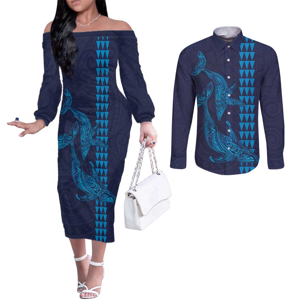 Aloha Hawaii Whale Kakau and Polynesian Tattoo Couples Matching Off The Shoulder Long Sleeve Dress and Long Sleeve Button Shirt Dark Navy Color