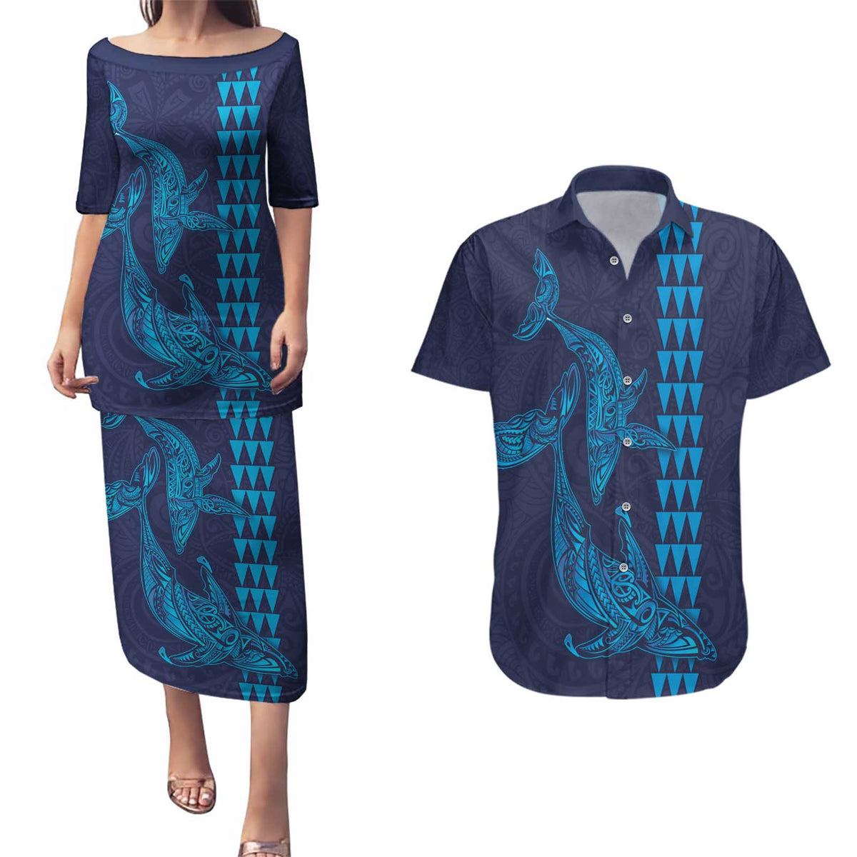 Aloha Hawaii Whale Kakau and Polynesian Tattoo Couples Matching Puletasi and Hawaiian Shirt Dark Navy Color