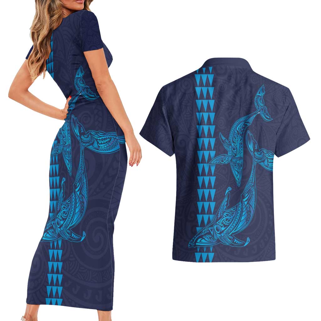 Aloha Hawaii Whale Kakau and Polynesian Tattoo Couples Matching Short Sleeve Bodycon Dress and Hawaiian Shirt Dark Navy Color LT03 - Polynesian Pride