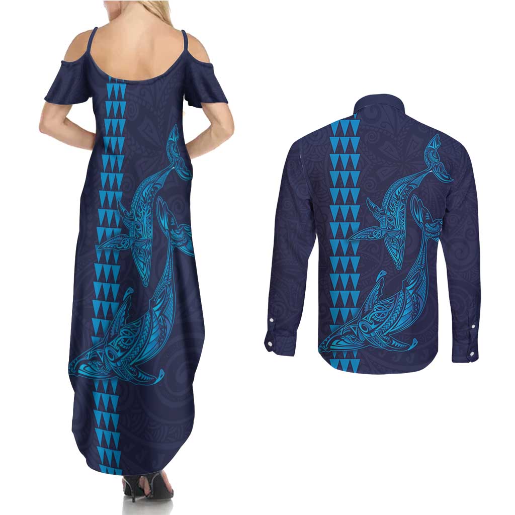 Aloha Hawaii Whale Kakau and Polynesian Tattoo Couples Matching Summer Maxi Dress and Long Sleeve Button Shirt Dark Navy Color